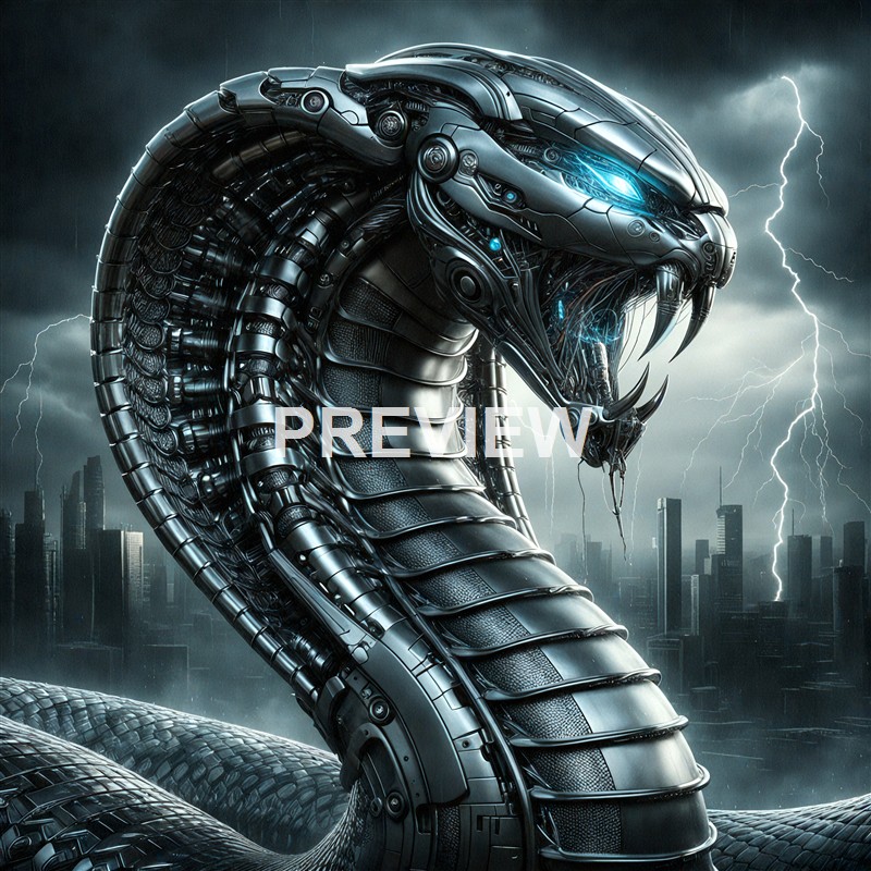 A highly detailed, futuristic robotic snake with metallic scales and glowing blue eyes, positioned against a stormy cityscape with lightning in the background.